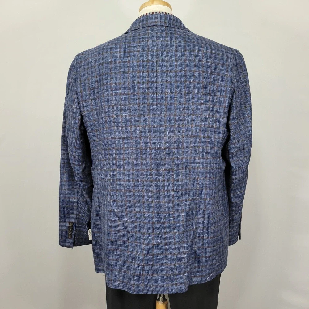 JOS A BANK Mens‎ Sport Coat Cotton Wool Silk Linen Navy Brown Checked 48R NEW